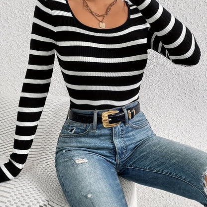 Striped Print Knit Sweater, Sexy Slim Crew Neck Long Sleeve Sweater, Women's Clothing