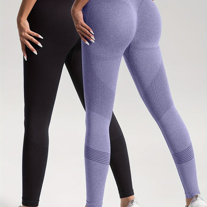 gbolsos  2pcs Solid Color High-Stretch Fitness Yoga Sports Leggings, Soft Breathable Yoga Tight Pants, Women's Activewear