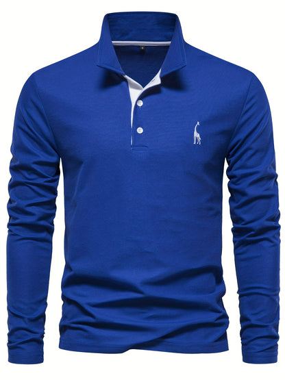 gbolsos  Men's Solid Giraffe Embroidery Long Sleeve Tennis Shirts, Slight Stretch All-match Fashion Men's Top