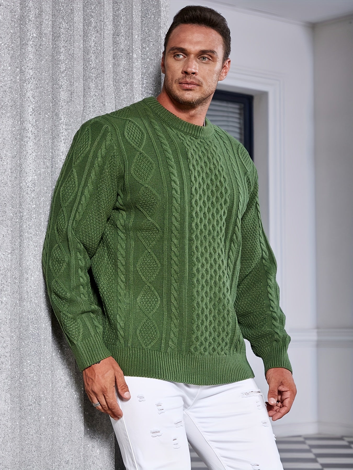 gbolsos  Men's Knit Argyle Sweater, Fashion Pullover Long-sleeved Sweater For Spring & Autumn, Plus Size