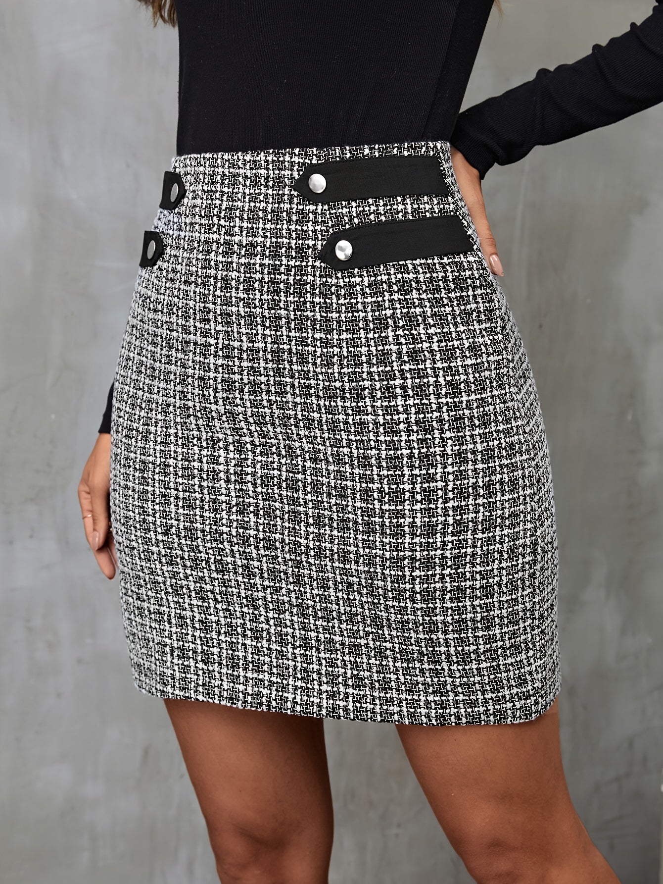 gbolsos  Houndstooth Pattern Button Decor Skirt, Elegant Bodycon Skirt For Spring & Fall, Women's Clothing