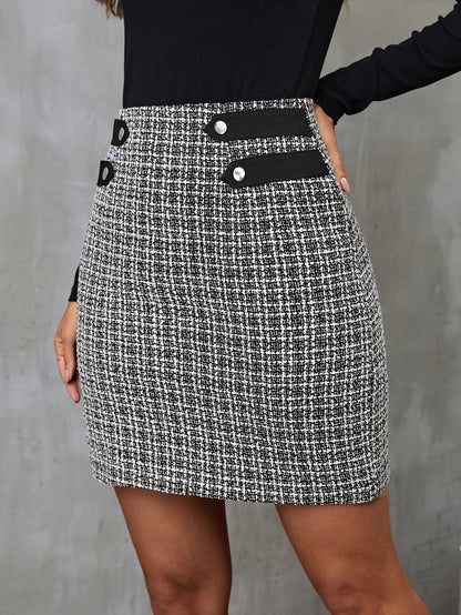 gbolsos  Houndstooth Pattern Button Decor Skirt, Elegant Bodycon Skirt For Spring & Fall, Women's Clothing