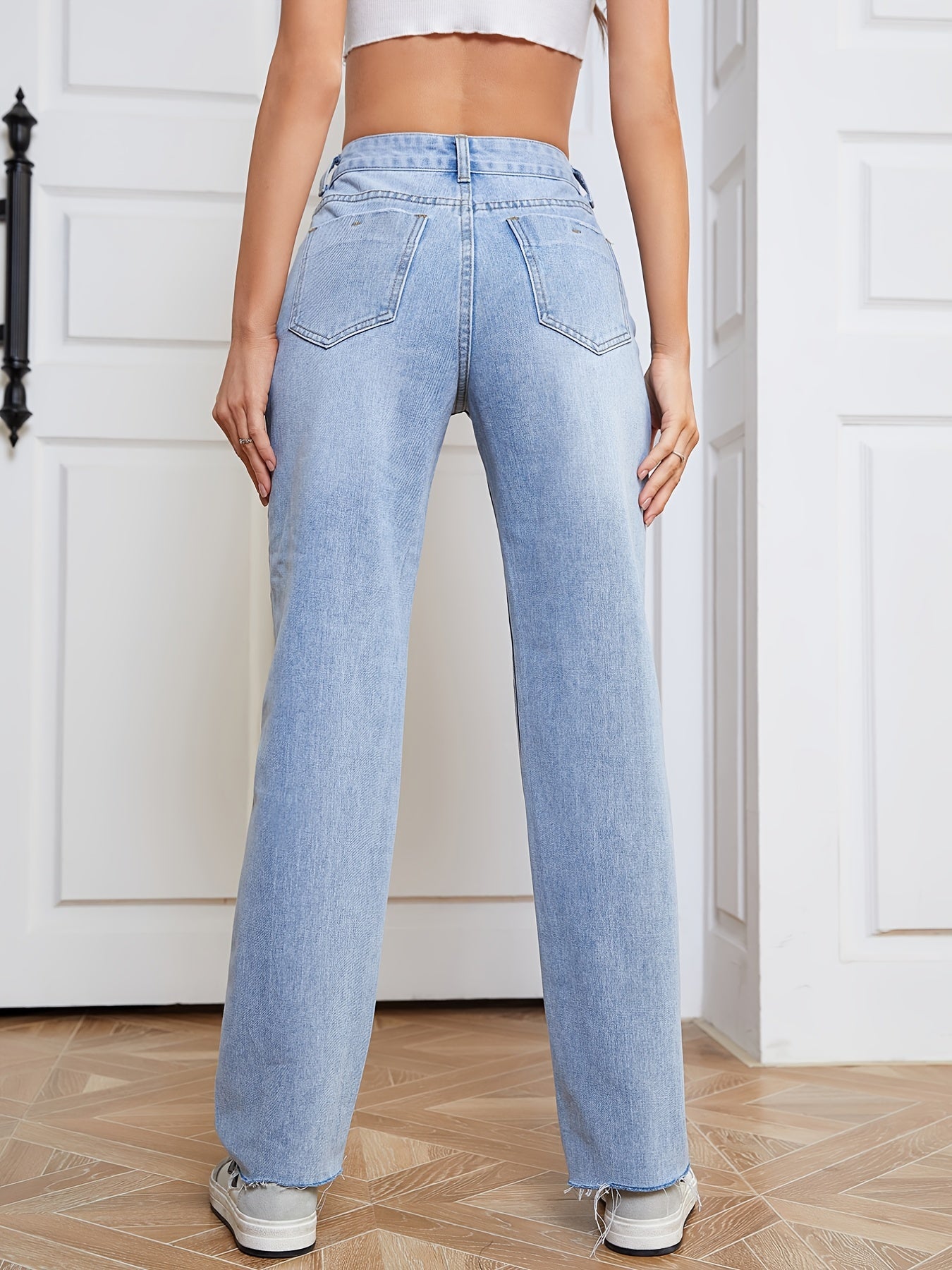 2025 gbolsos  Blue Raw Hem Straight Jeans, Ripped Loose Fit High Waist Slash Pockets High Rise Denim Pants, Women's Denim Jeans & Clothing