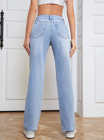 2025 gbolsos  Blue Raw Hem Straight Jeans, Ripped Loose Fit High Waist Slash Pockets High Rise Denim Pants, Women's Denim Jeans & Clothing