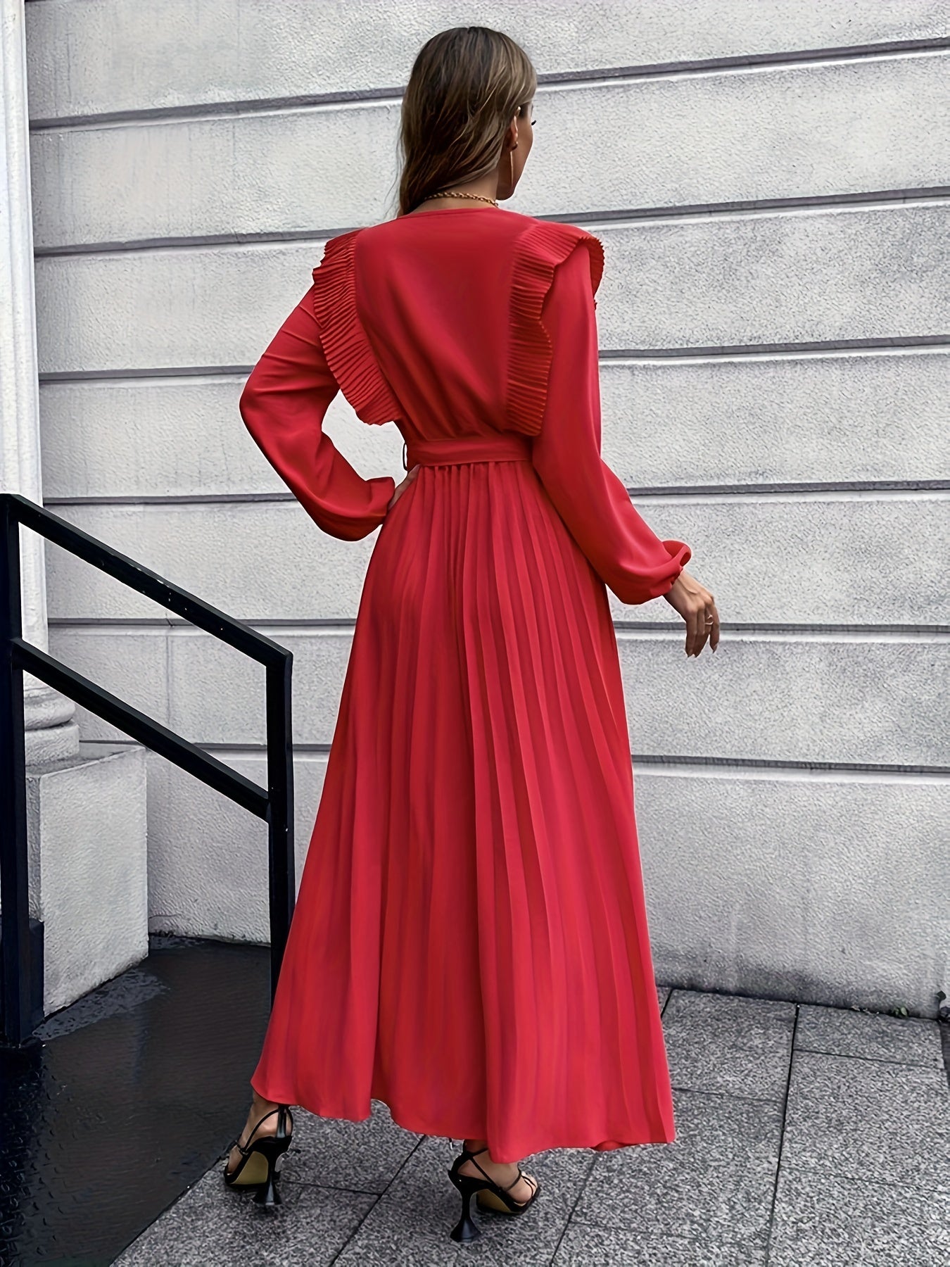 Ruffle Trim Pleated Dress, Casual V Neck Long Sleeve Solid Dress, Women's Clothing