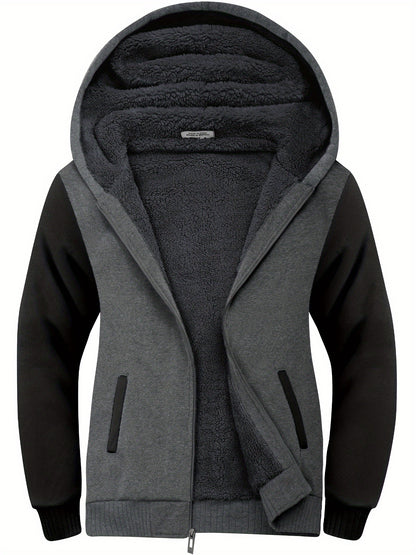 gbolsos  Men's Contrast Colors Trendy And Versatile Zipper Hoodies Drawstring Fleece Long Sleeve Jacket, Suitable For Autumn And Winter, Suitable For Outdoor Sports