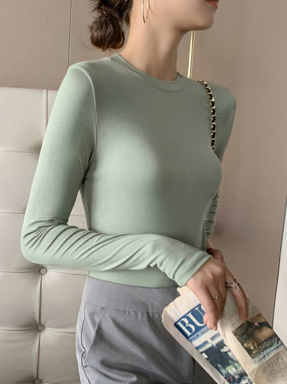gbolsos  Solid Slim T-Shirt, Crew Neck Long Sleeve Stretchy T-Shirt, Casual Every Day Tops, Women's Clothing