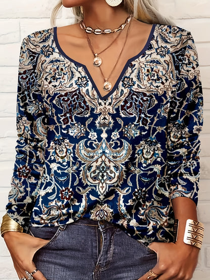 Plus Size Boho Top, Women's Plus Arabesque Print Long Sleeve Notched Neck Tunic Top