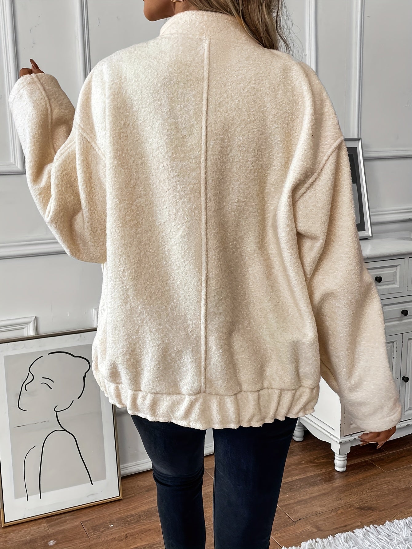 gbolsos  Button Front Top-stitching Jacket, Casual Long Sleeve Slant Pockets Jacket For Fall & Winter, Women's Clothing
