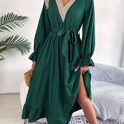 gbolsos  Guipure Lace Ruched Dress, Casual V Neck Long Sleeve Ruffle Hem Dress, Women's Clothing