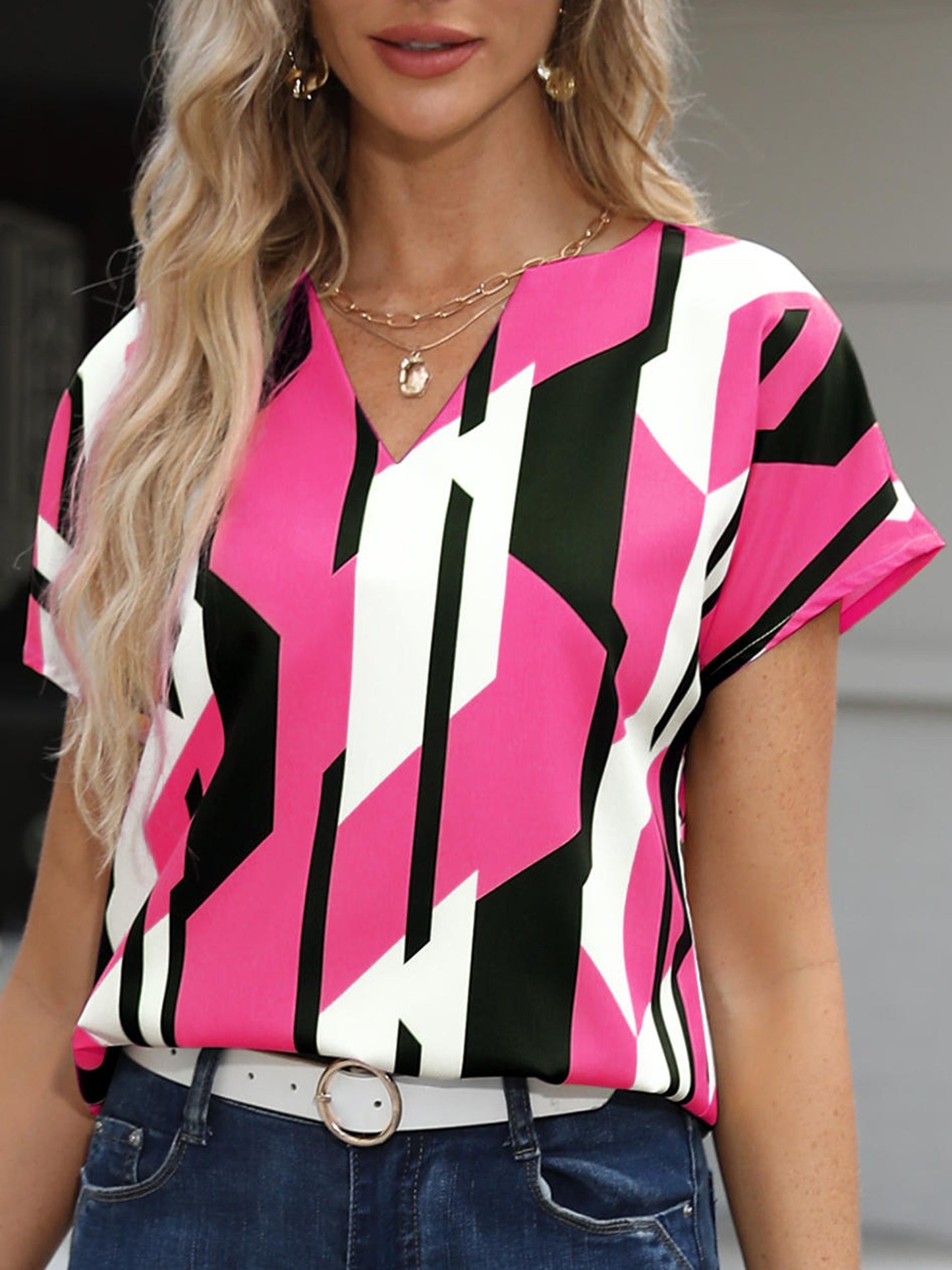 gbolsos Color Block Graphic Print Blouse, Casual Notched Neck Short Sleeve Blouse, Women's Clothing