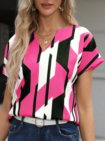 gbolsos Color Block Graphic Print Blouse, Casual Notched Neck Short Sleeve Blouse, Women's Clothing