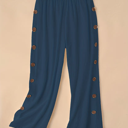 gbolsos  Side Button Wide Leg Pants, Boho Casual Pants For Spring & Summer, Women's Clothing