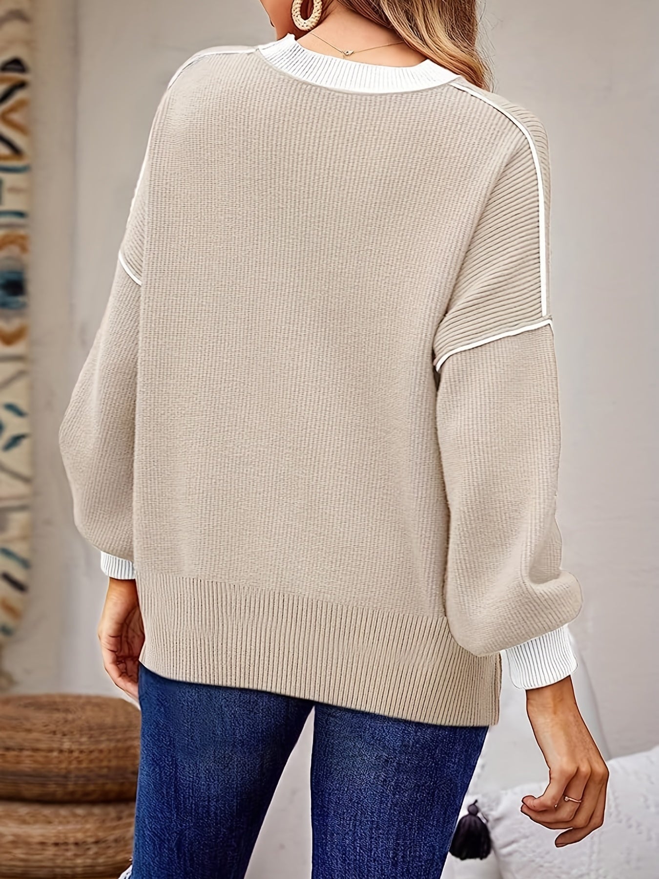 2025 gbolsos  Top Stitching Crew Neck Sweater, Vintage Long Sleeve Sweater For Fall & Winter, Women's Clothing