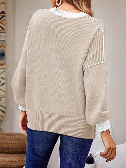 2025 gbolsos  Top Stitching Crew Neck Sweater, Vintage Long Sleeve Sweater For Fall & Winter, Women's Clothing