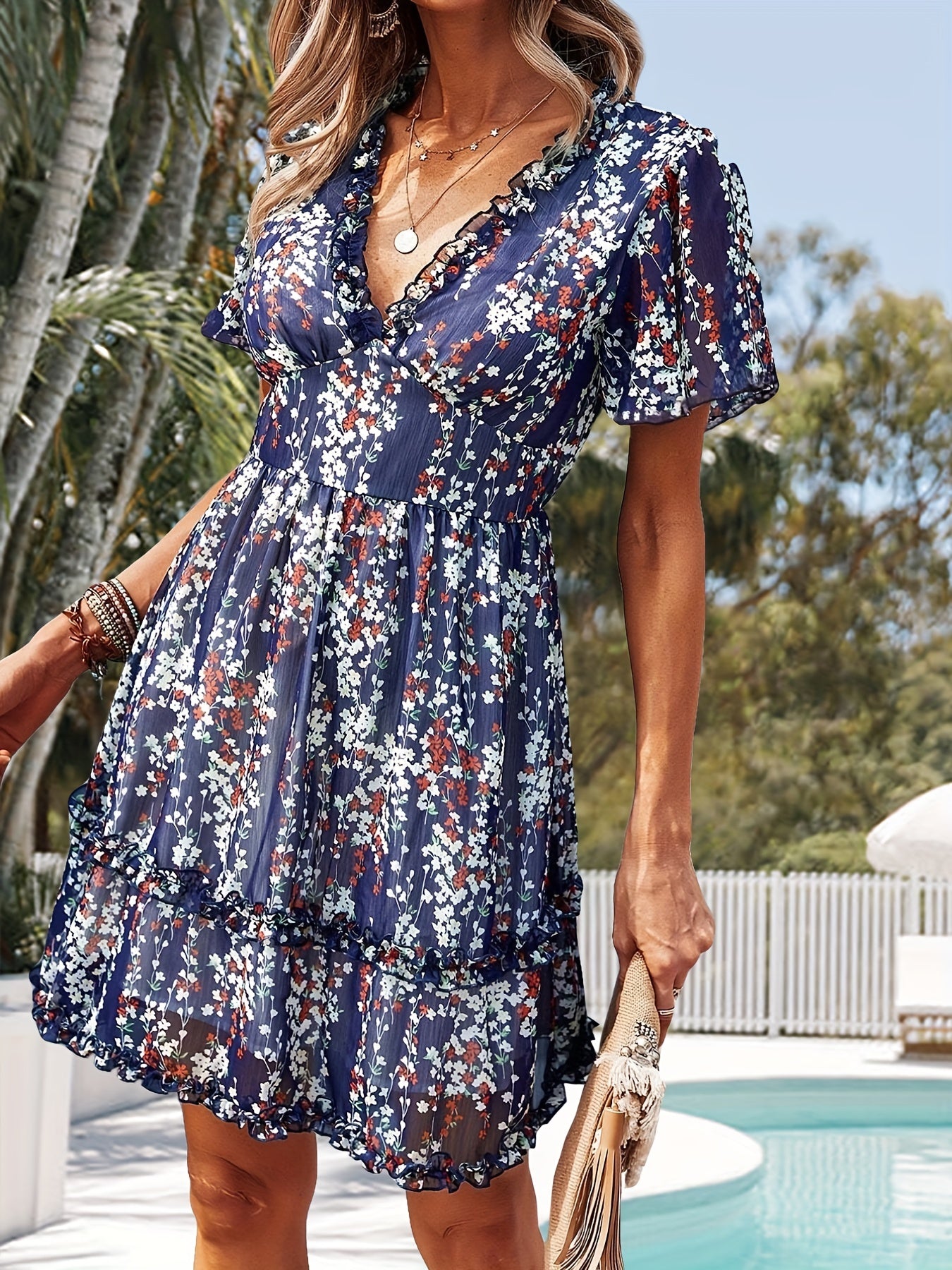 gbolsos  Floral Print V Neck Dress, Casual Flutter Sleeve Ruffle Trim Dress For Spring & Summer, Women's Clothing
