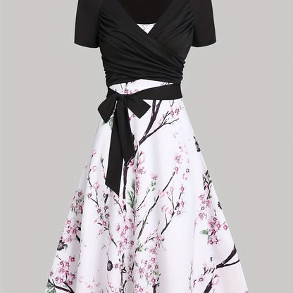 gbolsos  Elegant Two-piece Skirt Set, Short Sleeve Surplice Neck Belted Top & Floral Print Flared Skirt Outfits, Women's Clothing