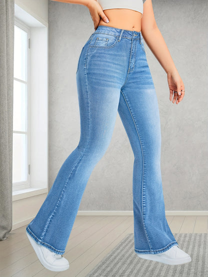gbolsos  Light Blue Casual Bootcut Jeans, Mid-Stretch Slant Pockets High Waist Denim Pants, Women's Denim Jeans & Clothing