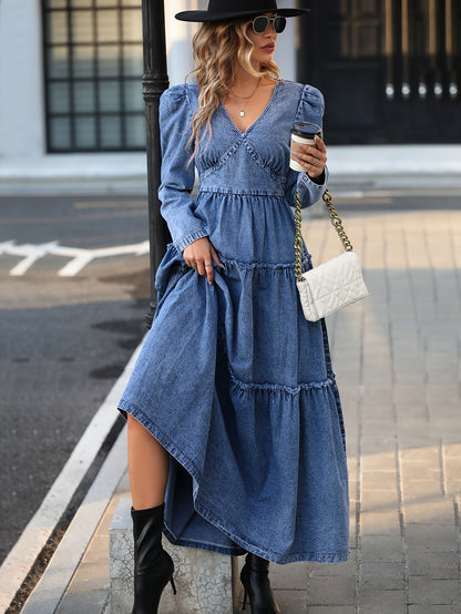 gbolsos  Long Sleeves Layered Denim Dress, V Neck Ruffle Hem Denim Dress, Women's Denim Clothing
