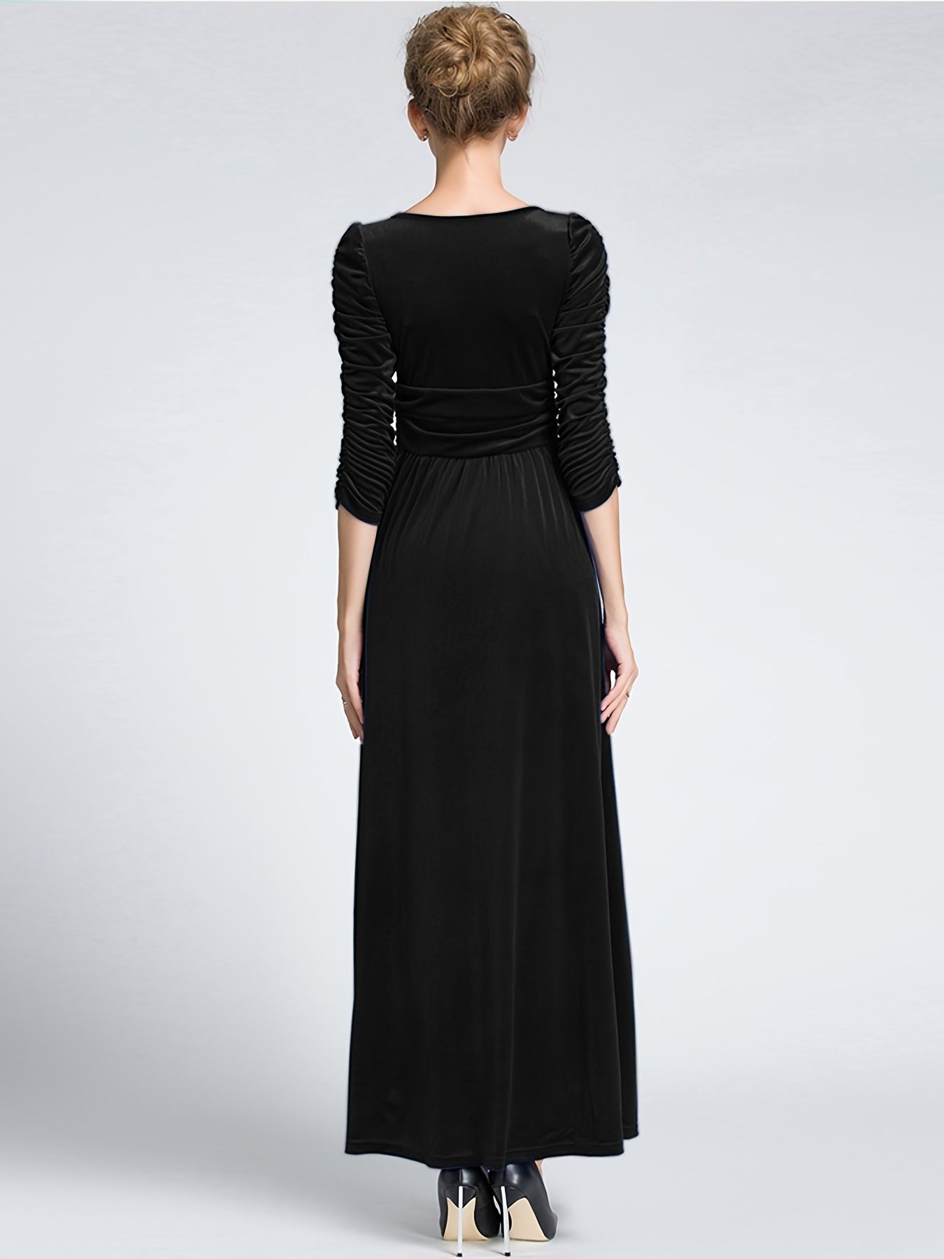 gbolsos  Ruched Maxi Dress, Elegant Solid Evening Party Dress, Women's Clothing