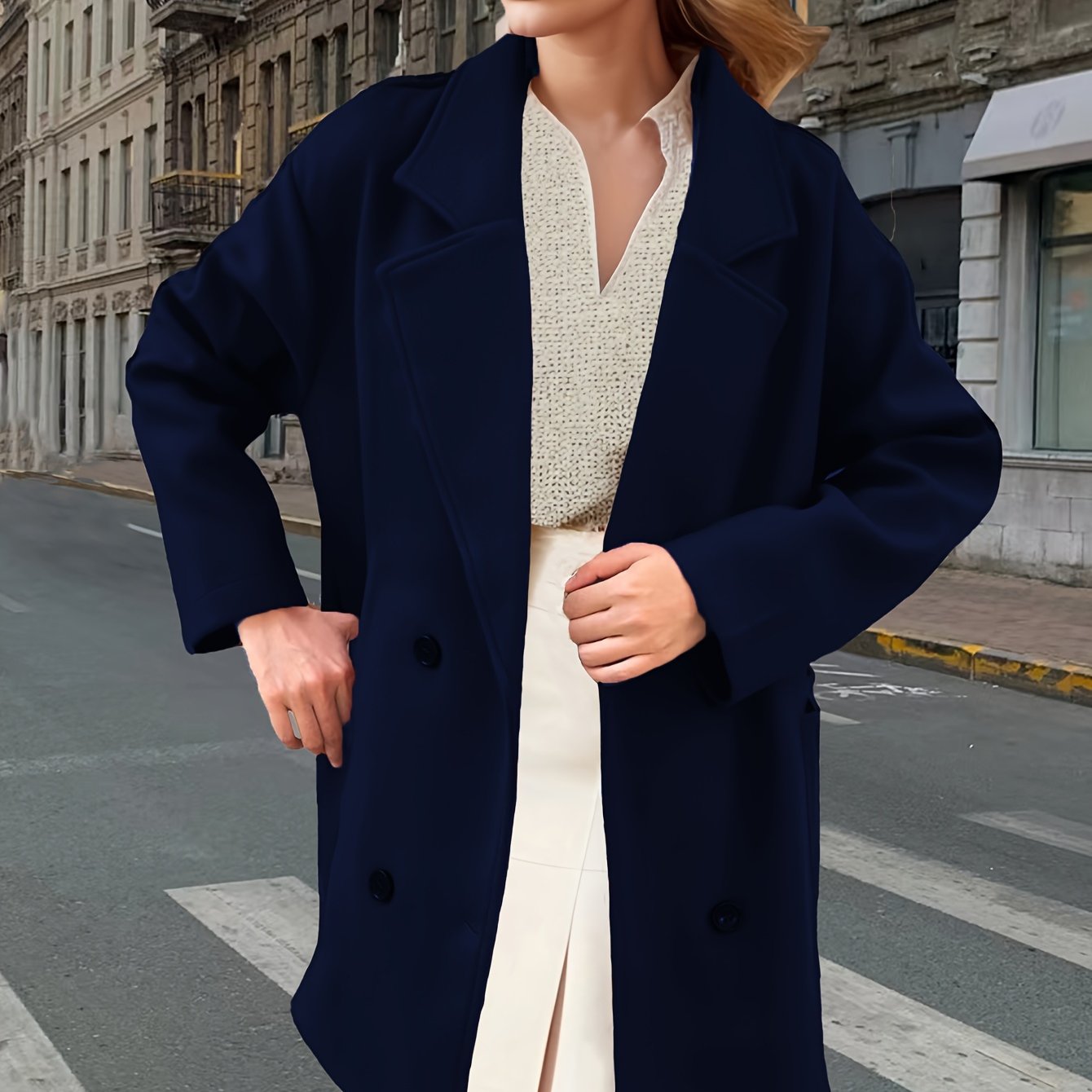 Solid Dual Breasted Notch Collar Overcoat, Casual Long Sleeve Coat For Fall & Winter, Women's Clothing