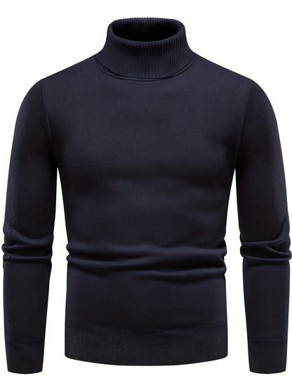 gbolsos  Turtle Neck Knitted Sweater, Men's Casual Warm Solid Color Mid Stretch Pullover Sweater For Fall Winter