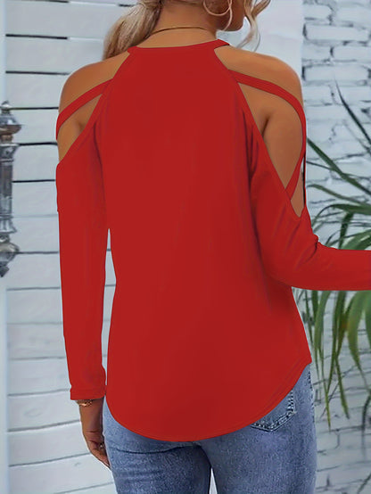 gbolsos Solid Cold Shoulder Crew Neck T-Shirt, Casual Long Sleeve Top For Spring & Fall, Women's Clothing