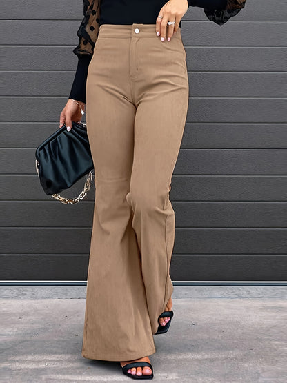 gbolsos  Solid Color Corduroy Flare Leg Pants, Elegant Forbidden Pocket Pants For Spring & Fall, Women's Clothing