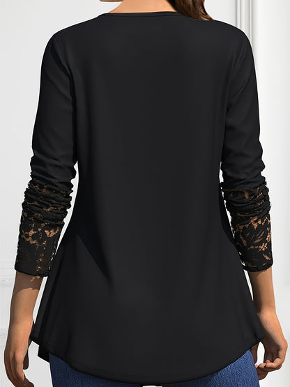 gbolsos  Contrast Lace Button Front Top, Elegant Long Sleeve Top For Spring & Fall, Women's Clothing