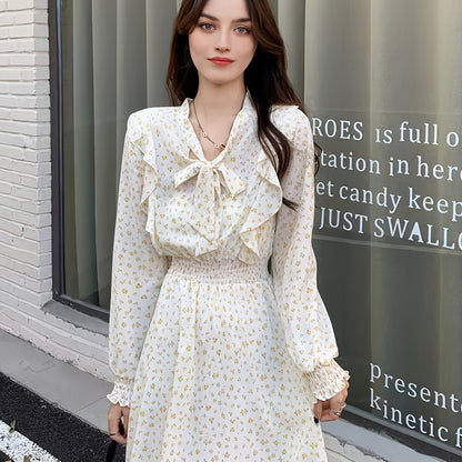 gbolsos  Floral Print Slim Bow Front Dress, High Waist Long Sleeve Casual Every Day Dress, Women's Clothing
