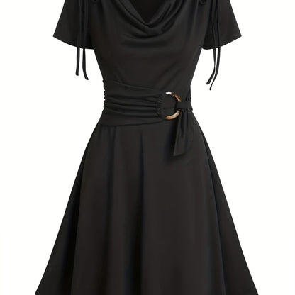 Solid Draped Drawstring Dress, Elegant V Neck Short Sleeve Pleated Dress, Women's Clothing