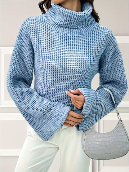 gbolsos  Solid Turtle Neck Pullover Sweater, Elegant Long Sleeve Loose Sweater For Fall & Winter, Women's Clothing
