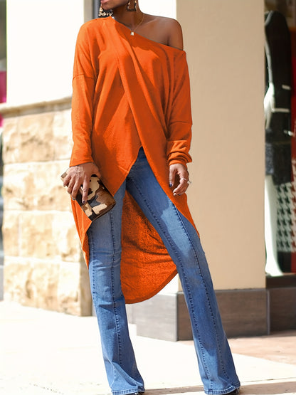 gbolsos  Irregular Slanted Round Neck T-shirt, Casual Loose Dipped Hem Long Sleeve Summer T-Shirts Tops, Women's Clothing