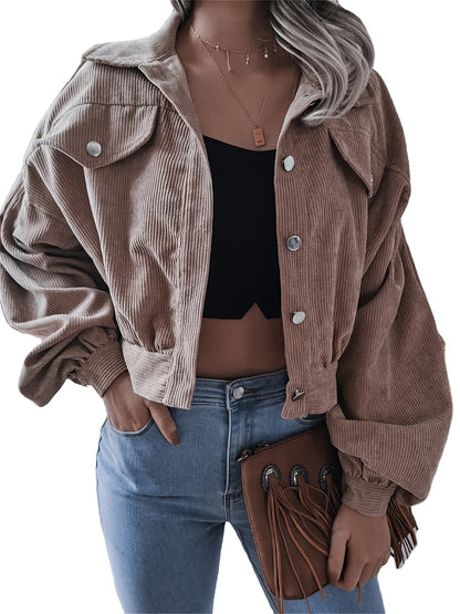 gbolsos  Lapel Corduroy Jacket, Casual Crop Lantern Long Sleeve Jacket For Fall & Winter, Women's Clothing
