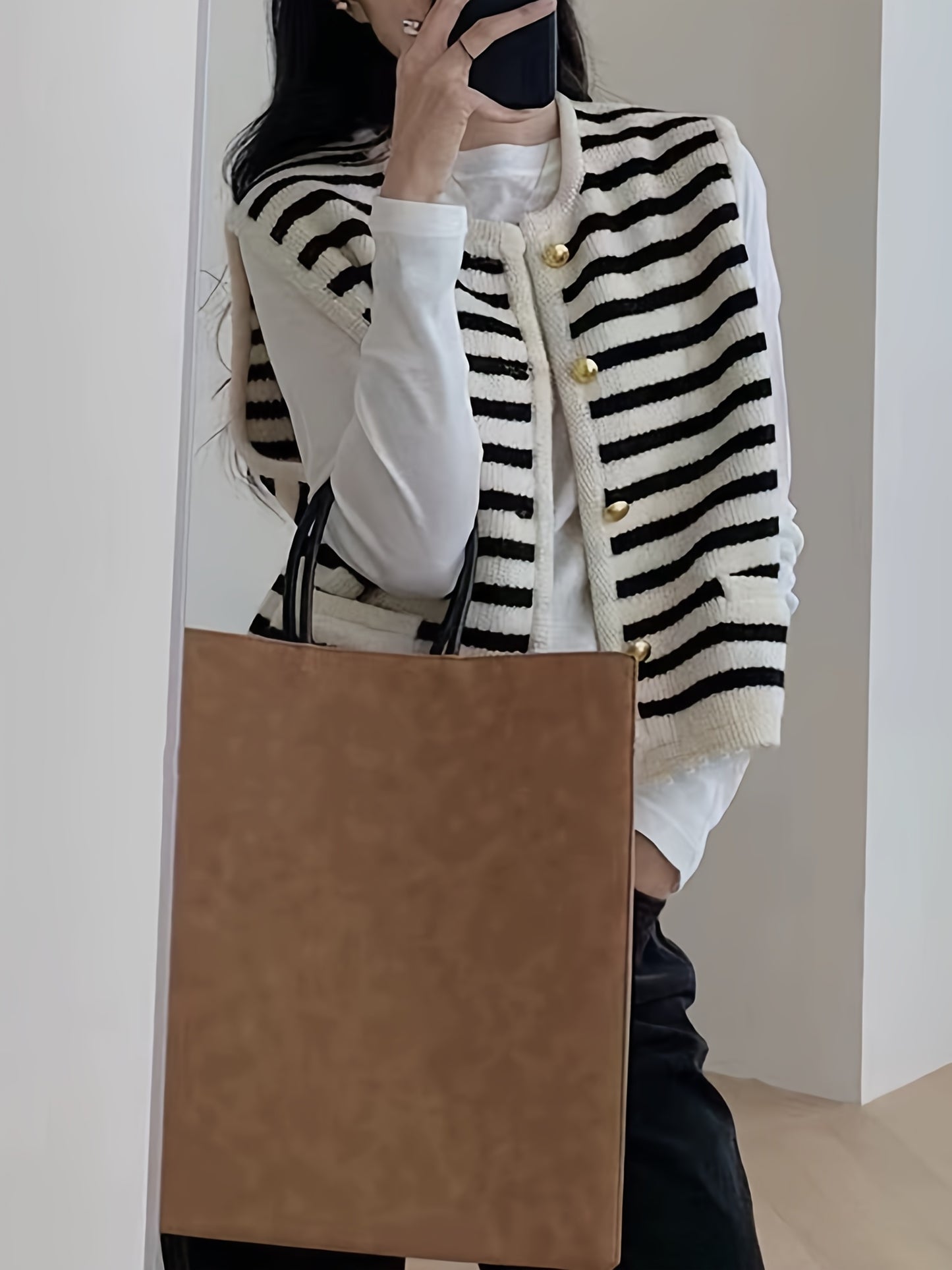 gbolsos Striped Button Dwon Knit Vest, Vintage Sleeveless Sweater With Pocket For Spring & Fall, Women's Clothing