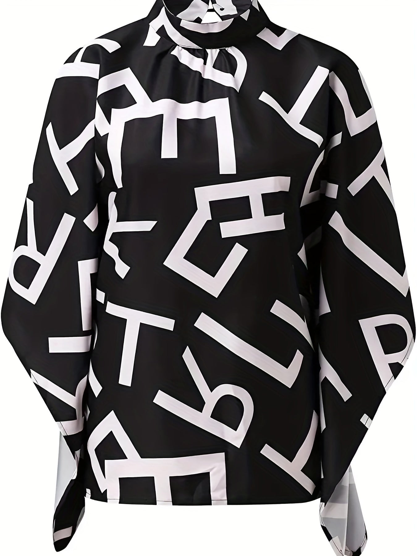 gbolsos  Plus Size Elegant Blouse, Women's Plus Letter Print Bat Sleeve Mock Neck Slight Stretch Blouse
