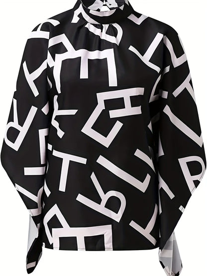 gbolsos  Plus Size Elegant Blouse, Women's Plus Letter Print Bat Sleeve Mock Neck Slight Stretch Blouse