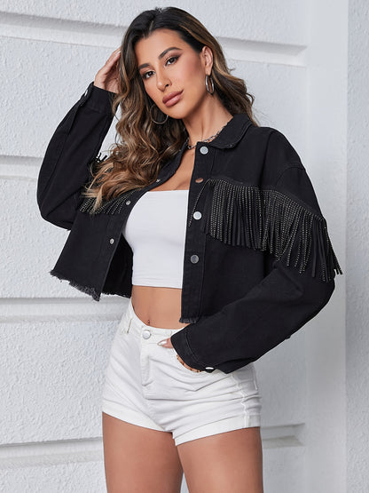2025 gbolsos  Black Raw Hem Denim Coats, Long Sleeves Tassel Single-Breasted Button Lapel Denim Jackets, Women's Denim Clothing