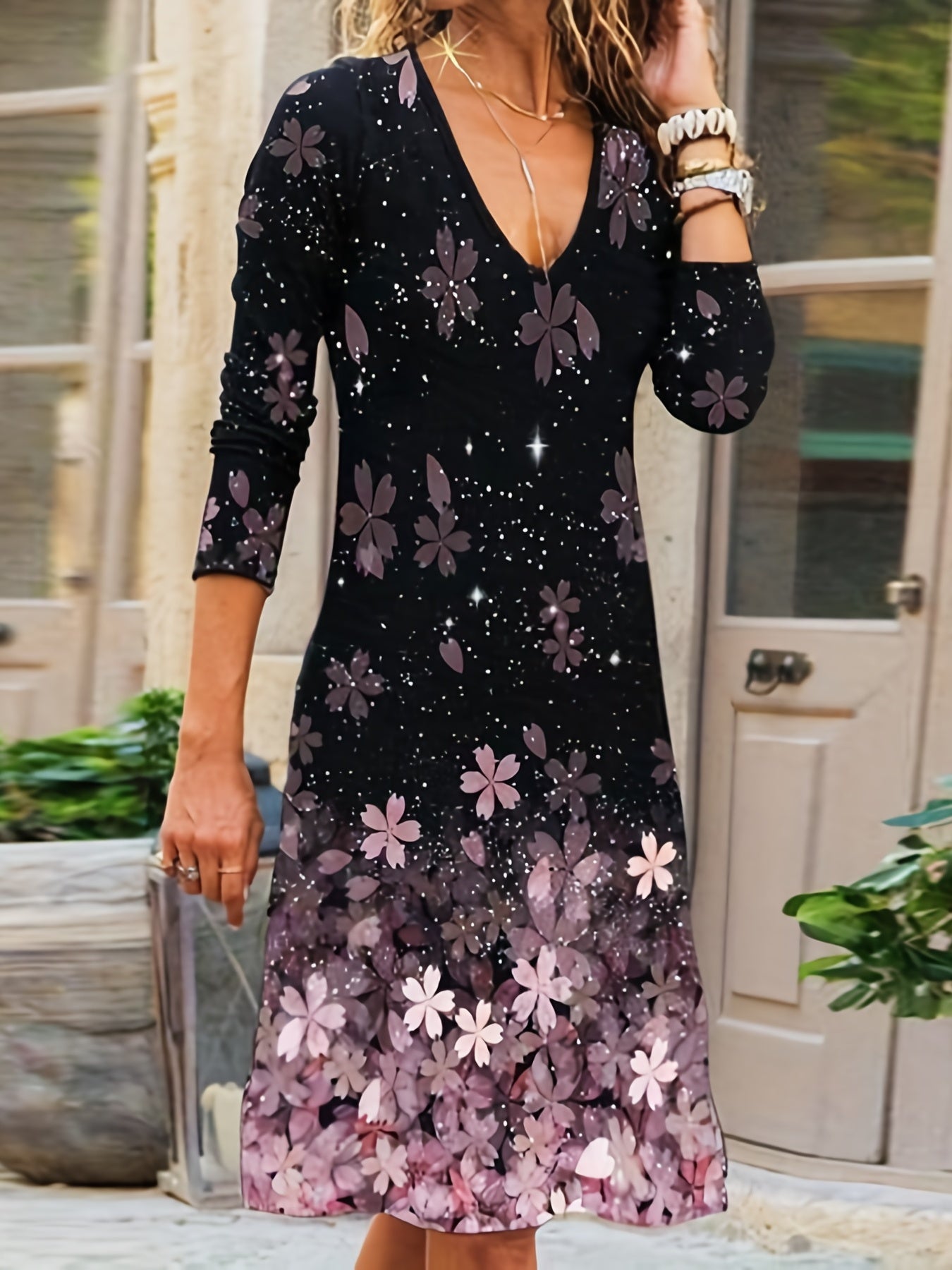 gbolsos Floral Print Round Neck Dress, Casual Long Sleeve Dress For Spring & Summer, Women's Clothing