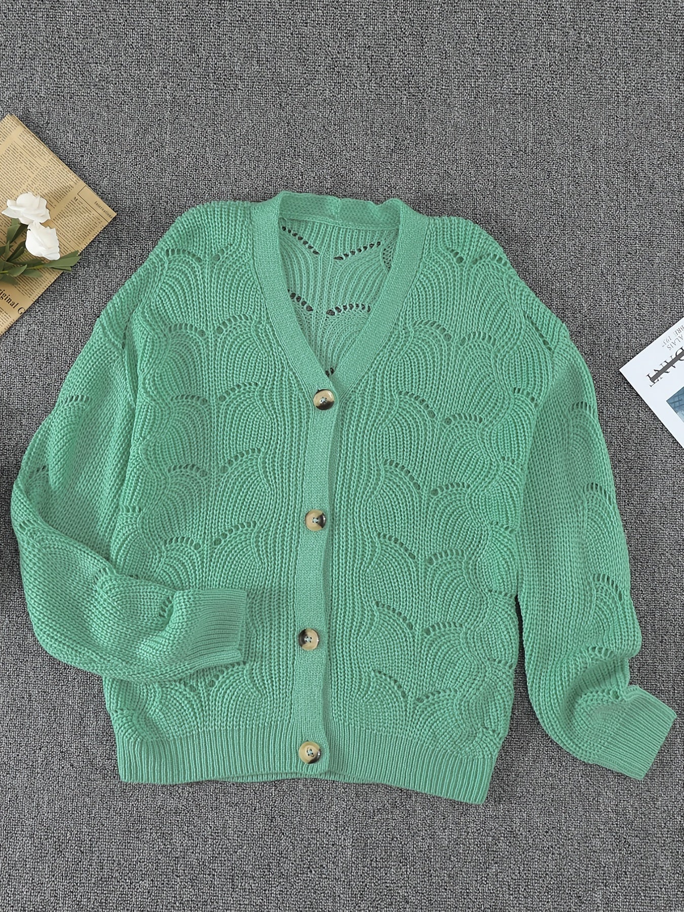 2025 gbolsos  Hollow Out Button Down Knit Cardigan, Casual V-Neck Long Sleeve Fall Winter Sweater Coat, Women's Clothing