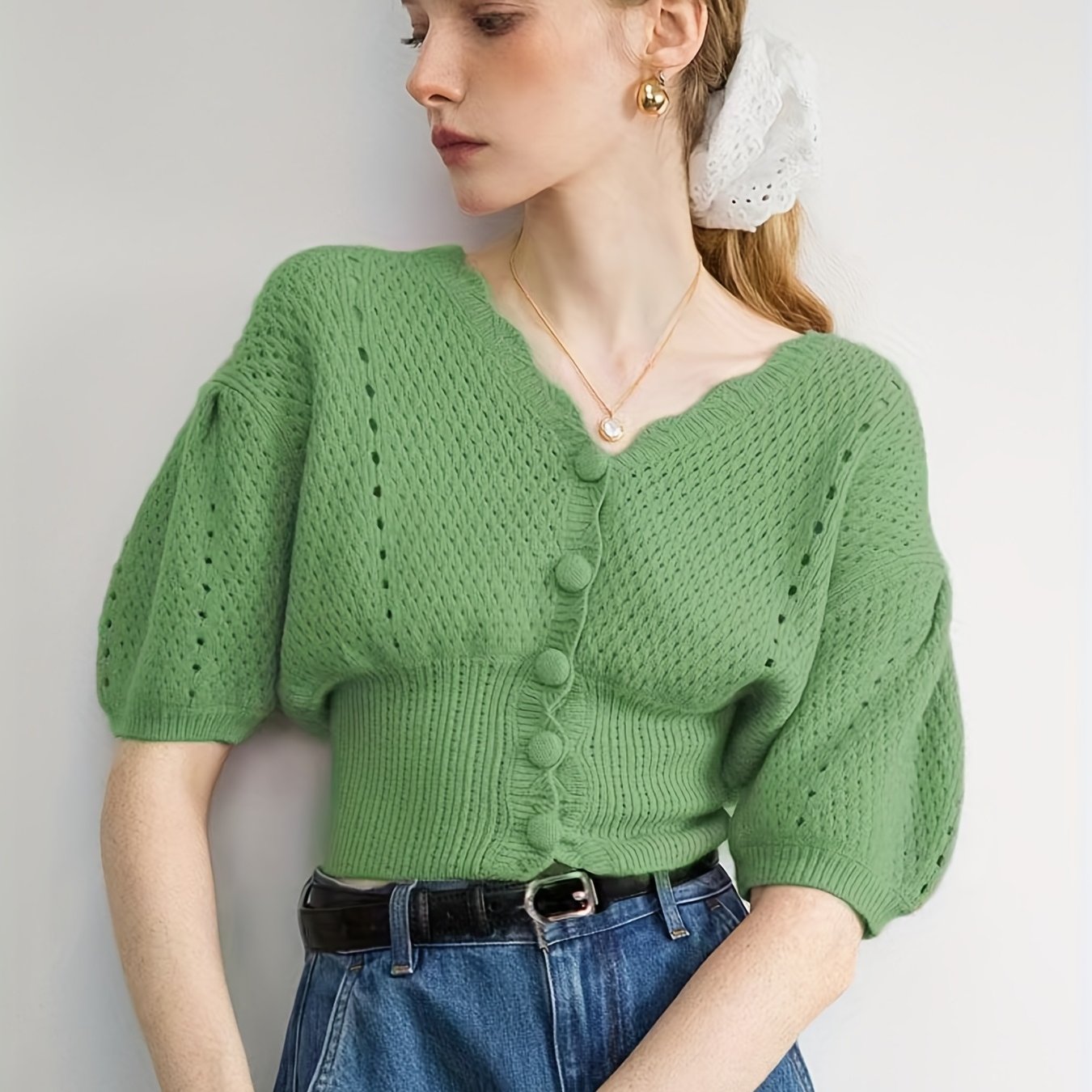 Half Sleeve Crop Cardigan, Solid Casual Sweater, Women's Clothing