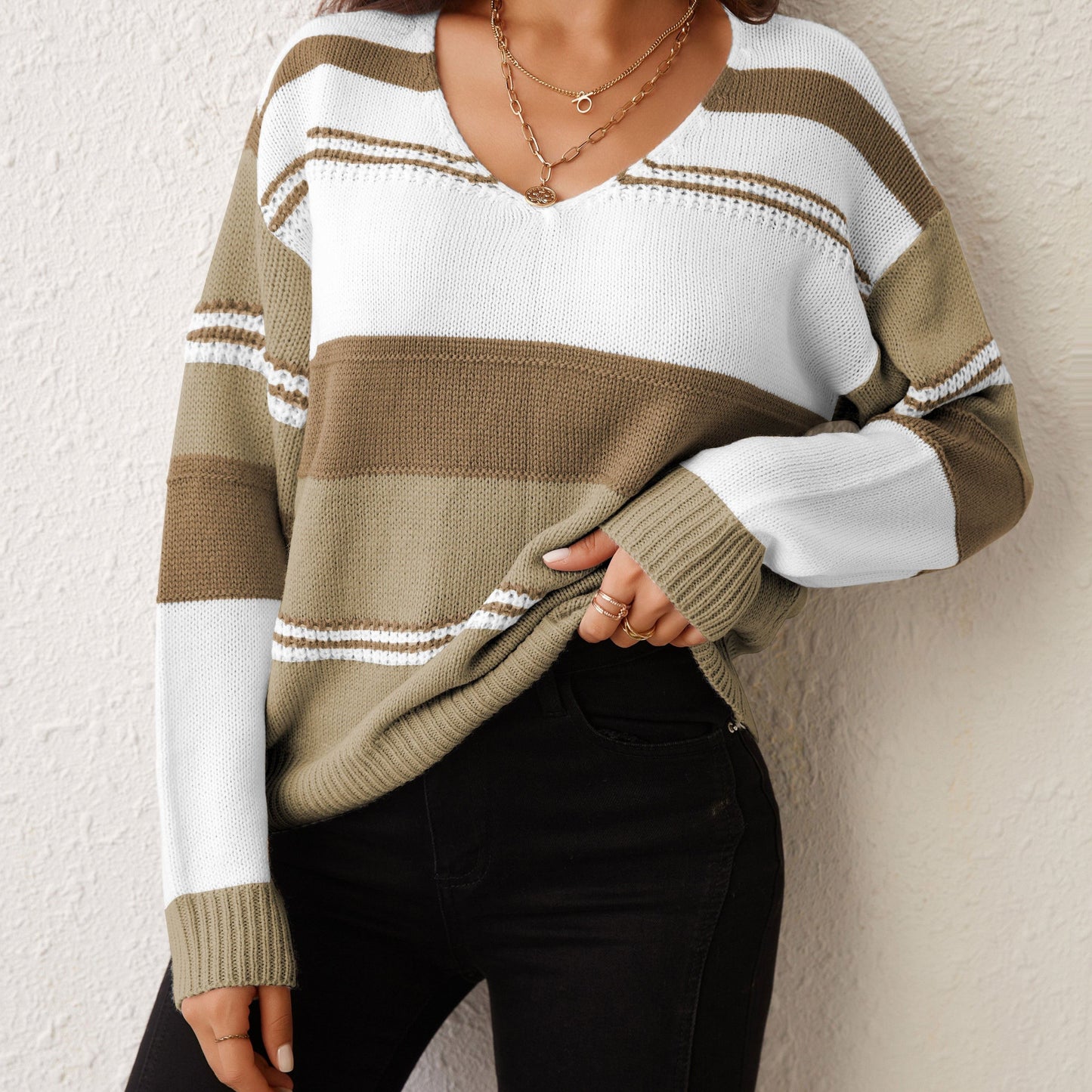 Color Block V Neck Pullover Sweater, Casual Long Sleeve Comfy Sweater, Women's Clothing