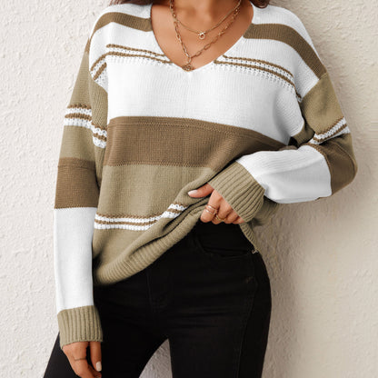 Color Block V Neck Pullover Sweater, Casual Long Sleeve Comfy Sweater, Women's Clothing
