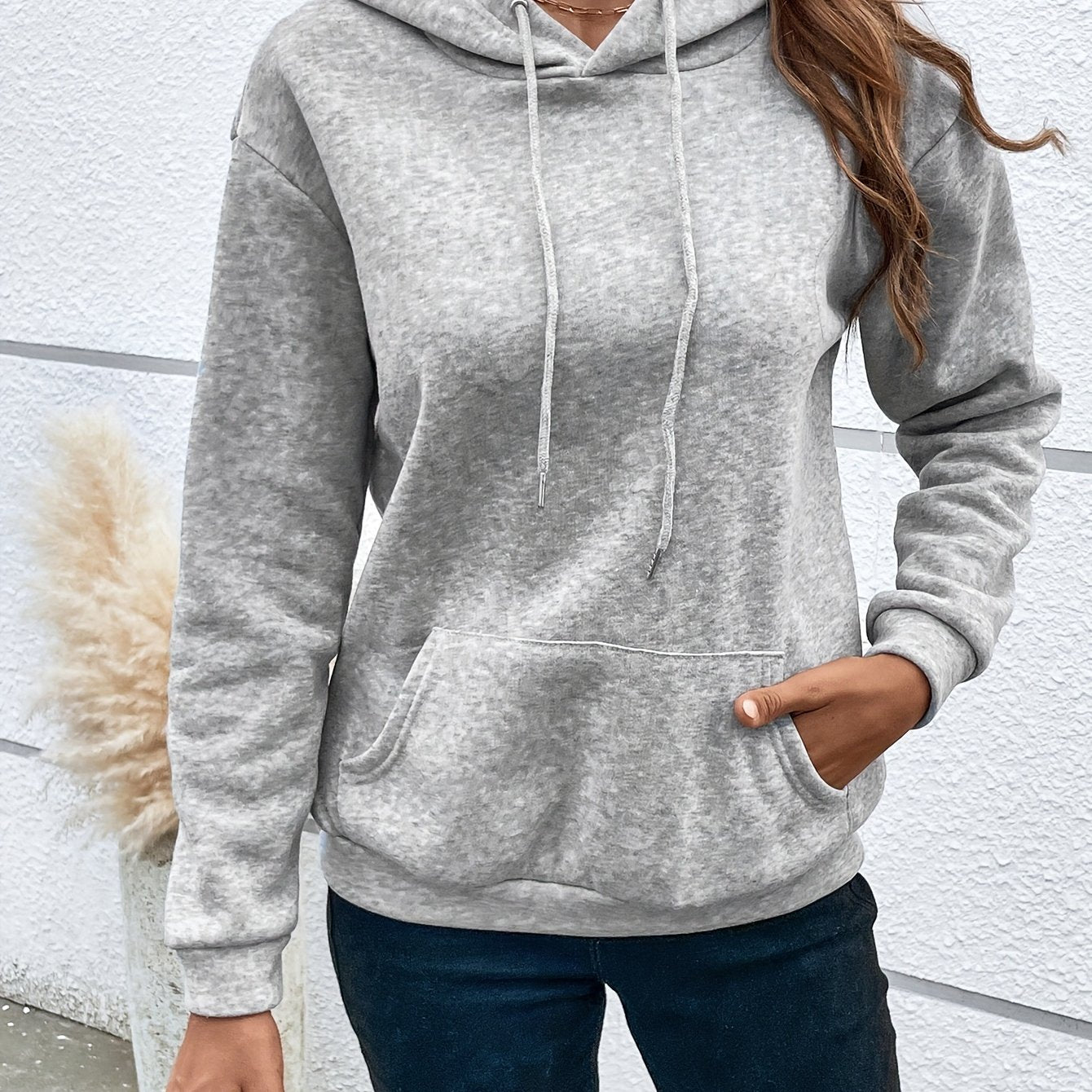 gbolsos  Solid Loose Drawstring Hoodie, Casual Long Sleeve Pocket Hoodies Sweatshirt, Women's Clothing