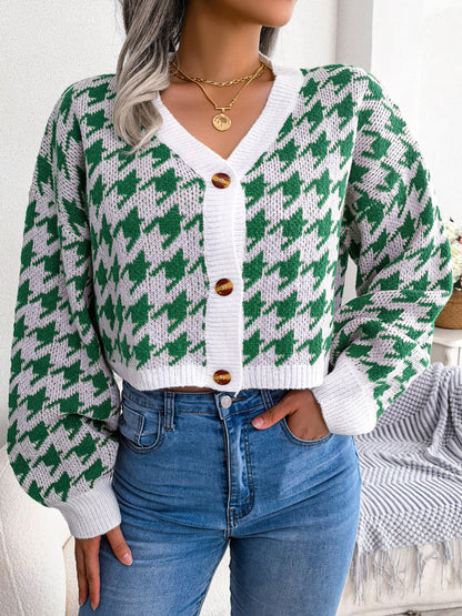 2025 gbolsos  Houndstooth Button Up Cardigan, Long Sleeve V Neck Casual Sweater, Women's Clothing