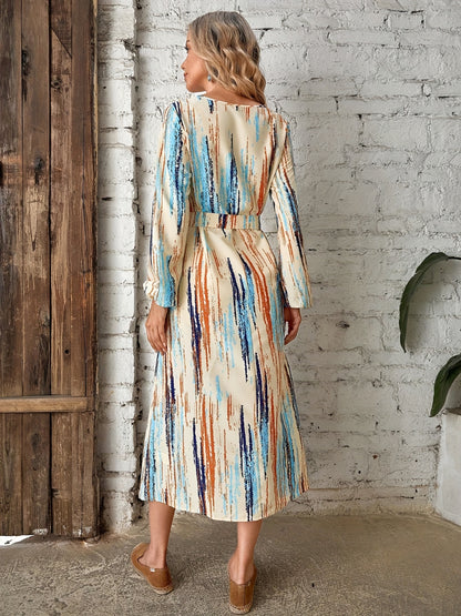 gbolsos  Abstract Print Midi Dress, Casual V Neck Long Sleeve Dress, Women's Clothing
