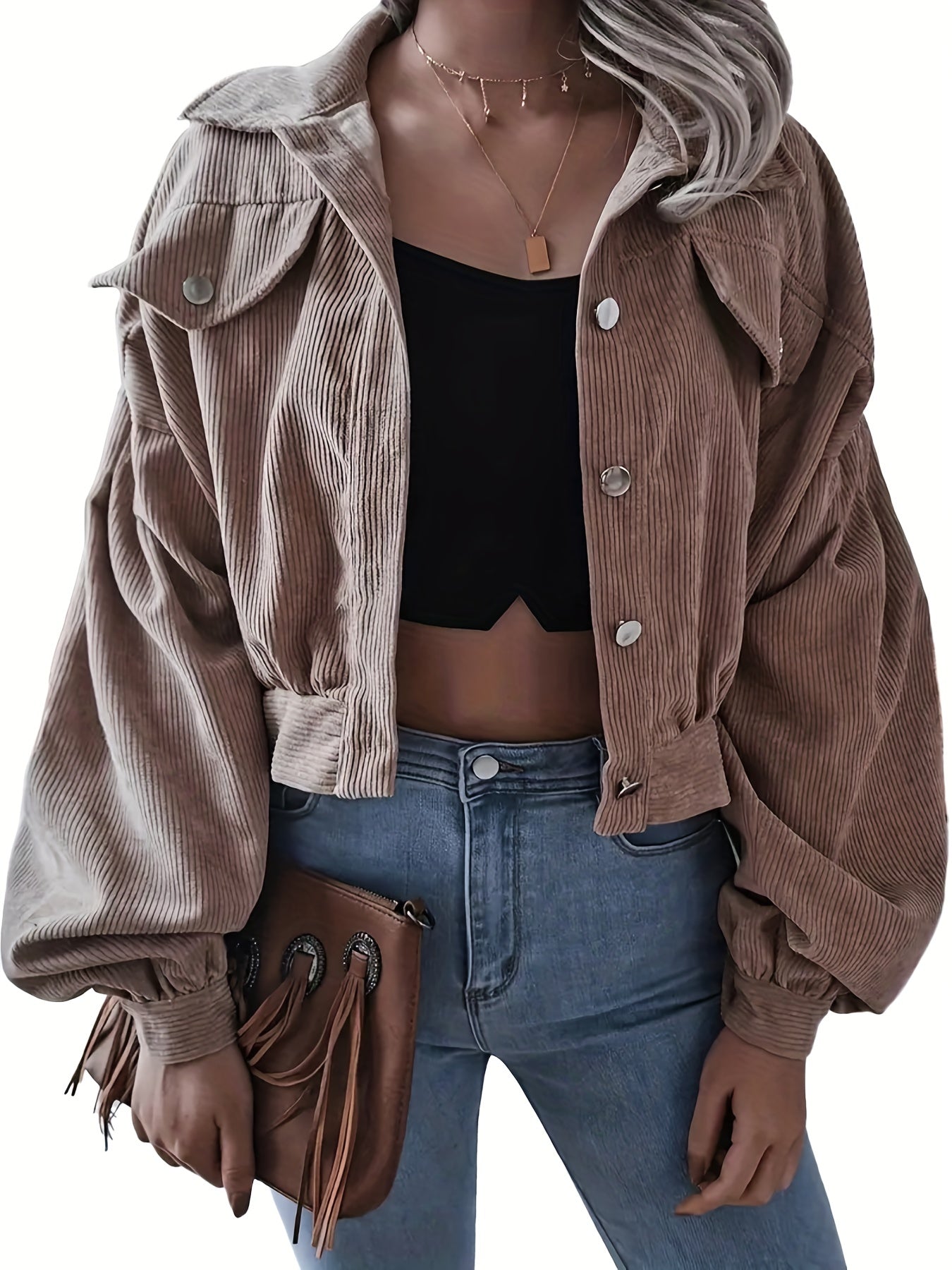 gbolsos  Lapel Corduroy Jacket, Casual Crop Lantern Long Sleeve Jacket For Fall & Winter, Women's Clothing