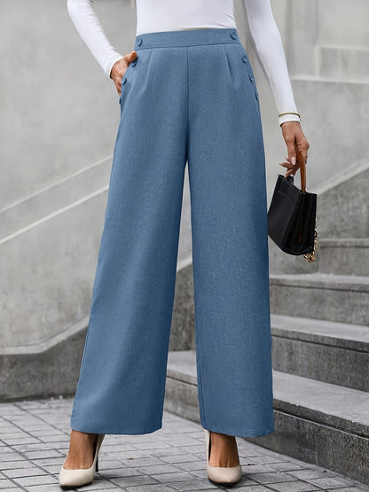 gbolsos  Solid Button Decor Wide Leg Pants, Elegant High Waist Slant Pocket Pants, Women's Clothing