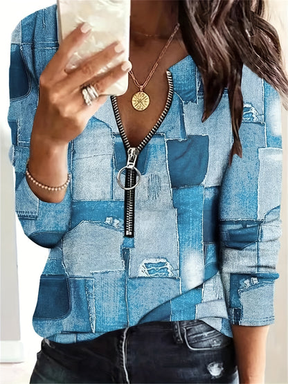 gbolsos  Abstract Graphic Print Zip Front T-Shirt, Casual Long Sleeve Top For Spring & Fall, Women's Clothing