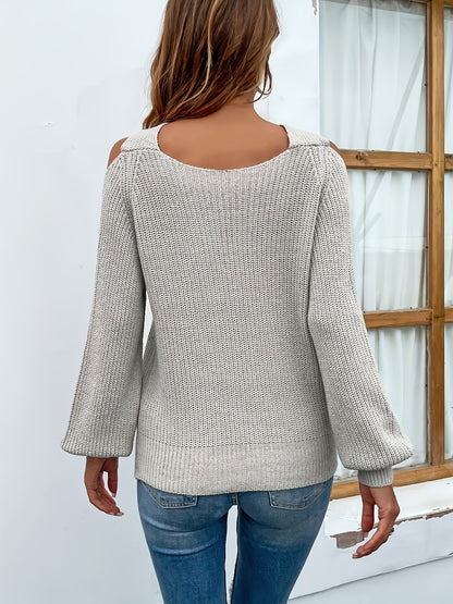 Criss Cross Solid Knit Sweater, Casual Cold Shoulder Long Sleeve Sweater, Women's Clothing